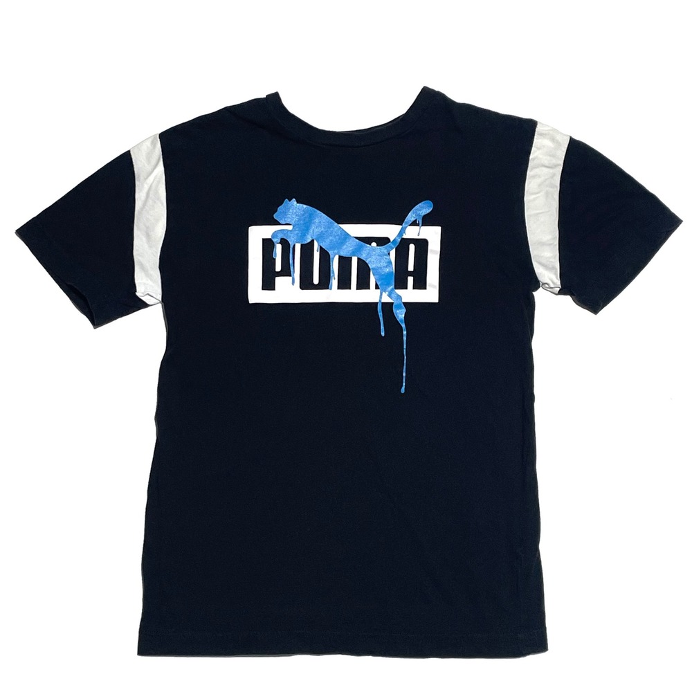 Puma Graphic Logo T-Shirt Black & Blue Short Sleeve Youth Boys Size Large 14/16
